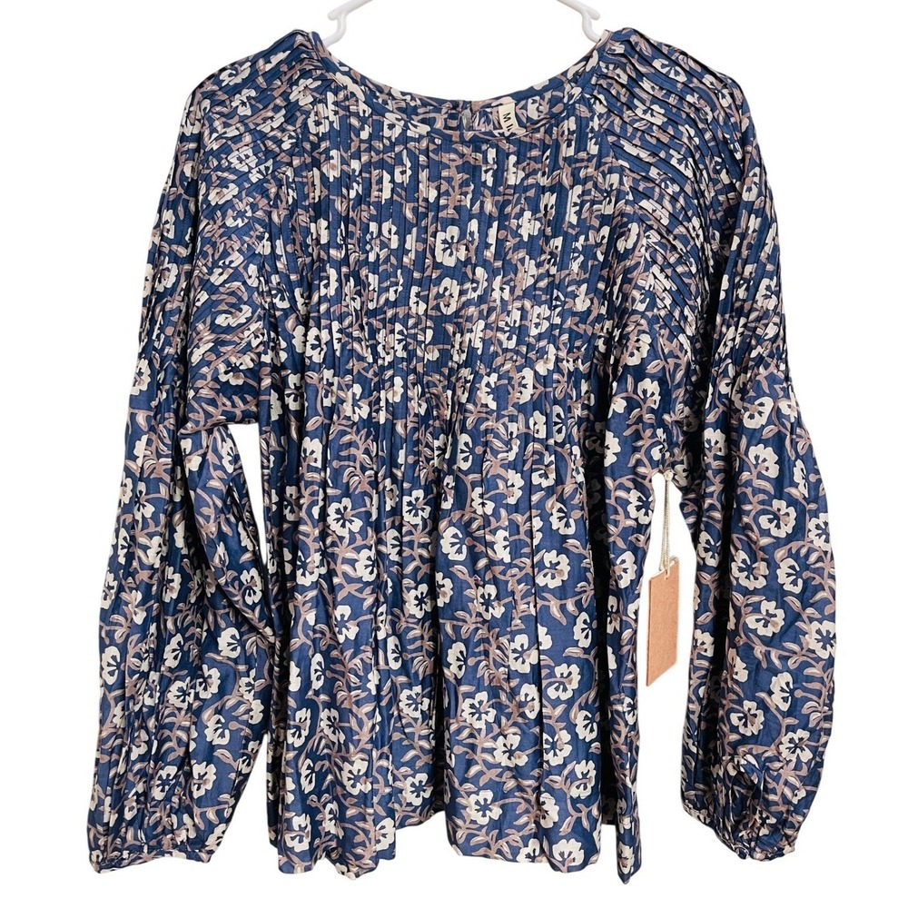 NWT‎ MIRTH Kerala Blouse in Petunia Blue Floral Pleated Cotton Top Large $215